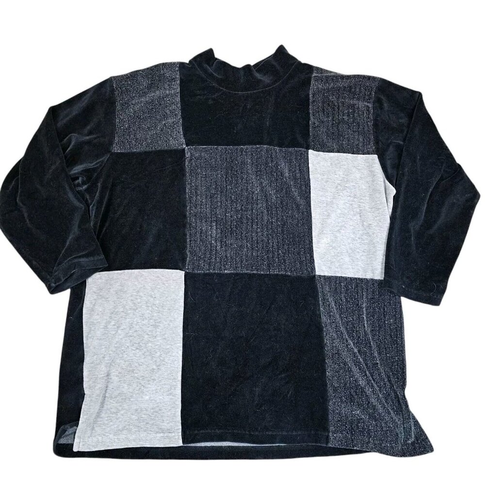 90s Womens 2X Black Velour Mockneck Sweater Patchwork Gray 3/4 Sleeve Casual